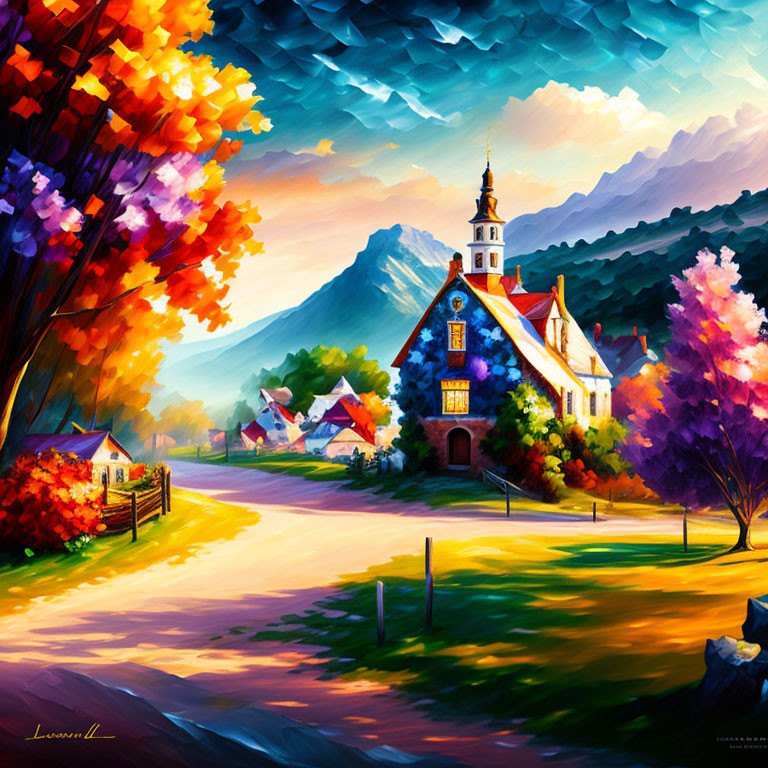 Colorful Painting: Church in Autumn Village with Mountain Backdrop