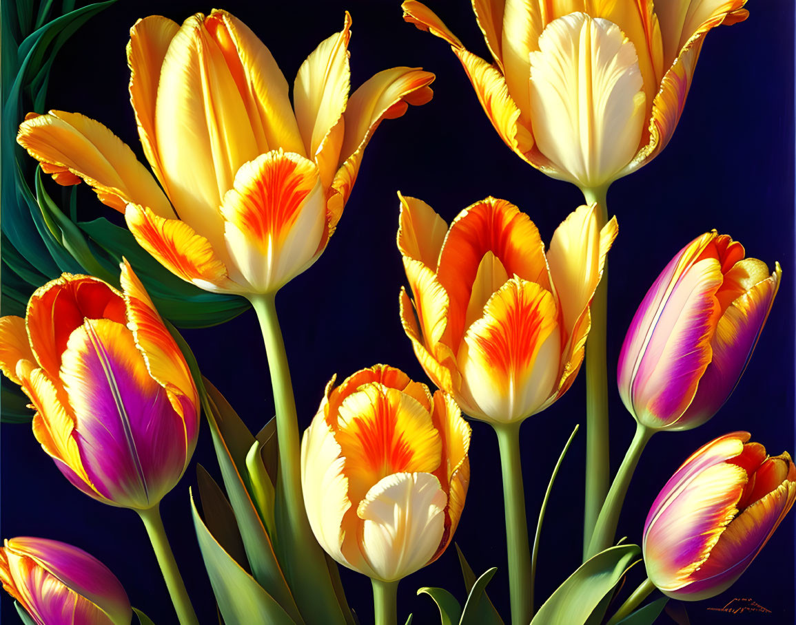 Colorful Tulip Painting with Dark Background