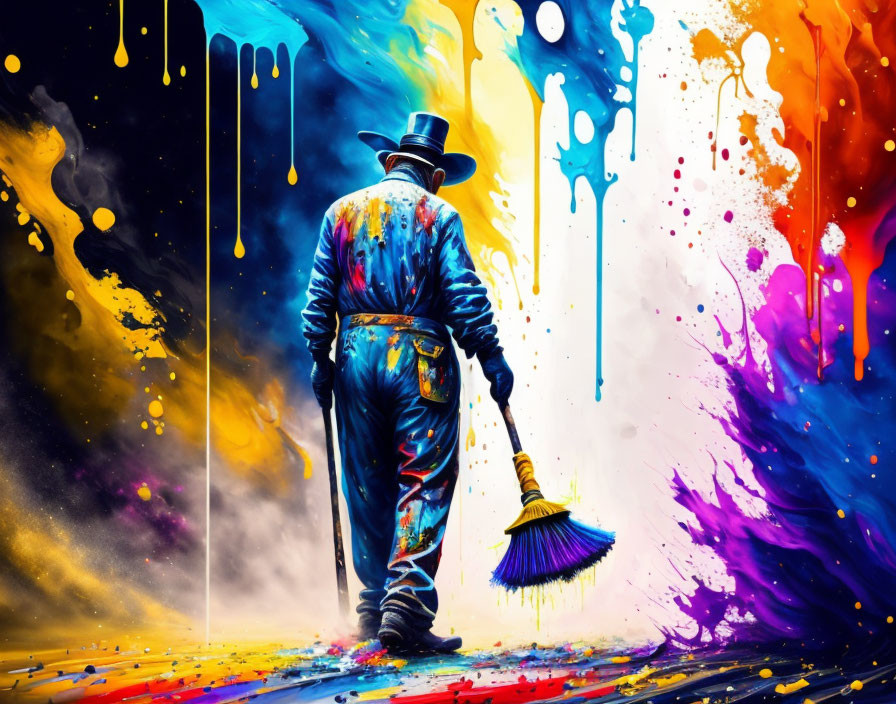 Colorful Artwork: Person in Hat and Overalls Holding Broom