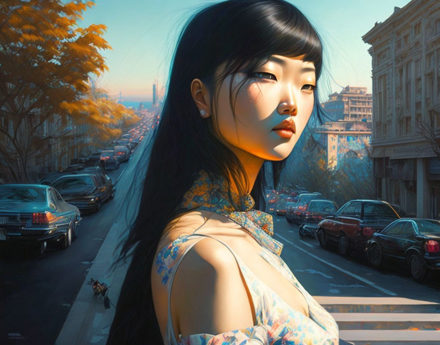 Digital artwork of a woman in floral dress on sunlit city street