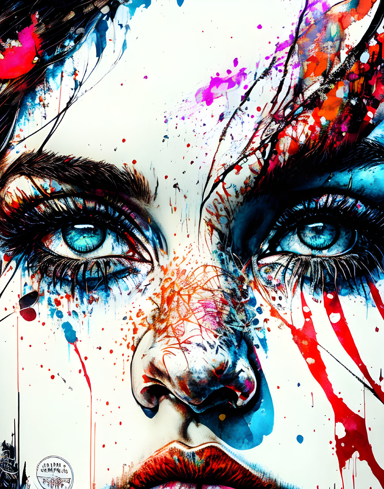 Woman with Intense Blue Eyes and Colorful Paint Splashes Portrait