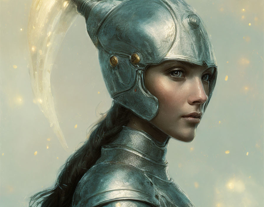 Portrait of woman in metallic helmet and armor with determined gaze, bathed in soft light