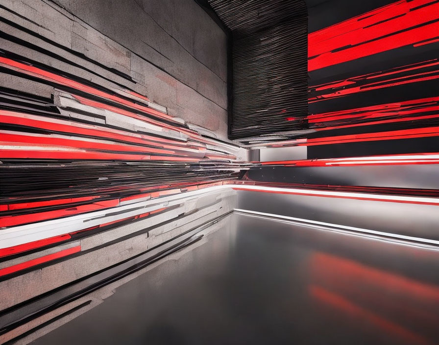 Dynamic Red LED Lights in Futuristic Grey Corridor