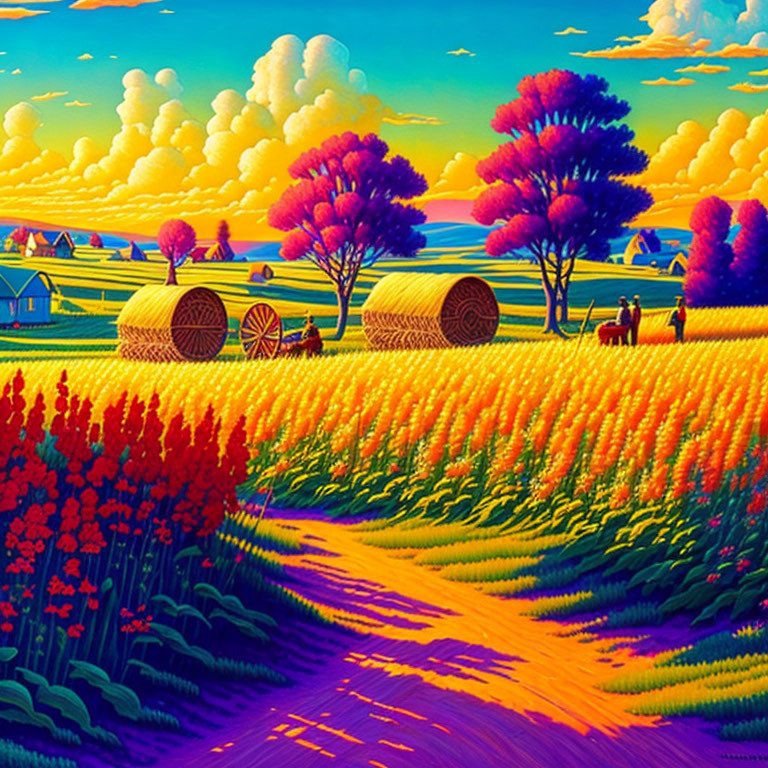 Colorful Rural Landscape Illustration with Hay Bales, Farm, Trees, and Clouds