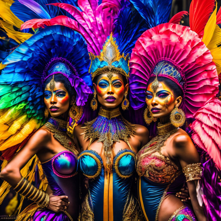 Vibrant carnival costumes with feathered headdresses and colorful makeup on three individuals