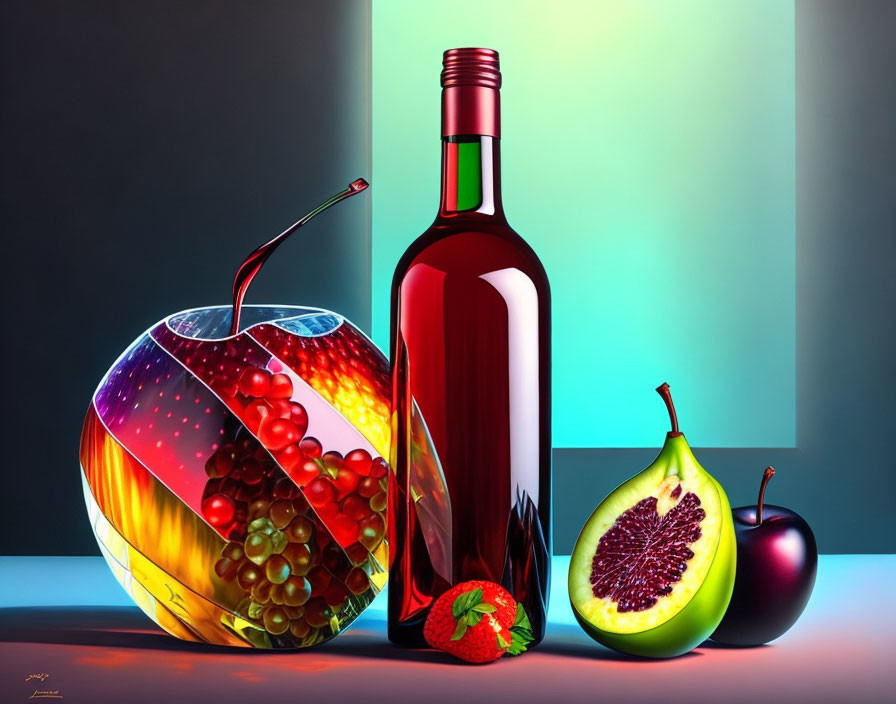 Vibrant still life with apple, wine bottle, pear, and cherry on textured background