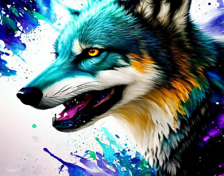 Colorful Wolf Digital Art with Cosmic Background