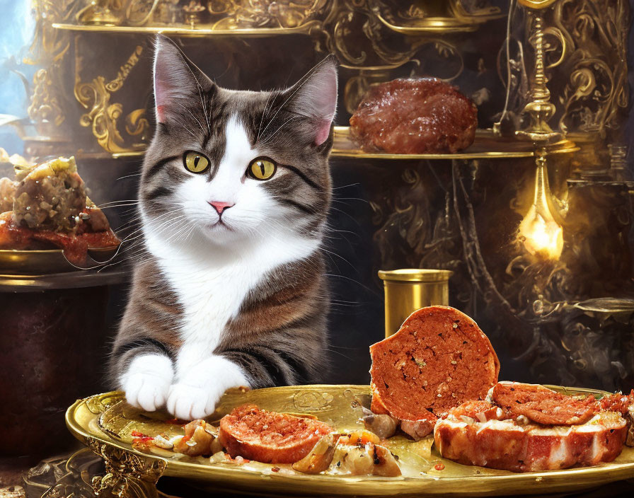 Gray and White Cat at Lavish Table with Rich Foods and Golden Plates