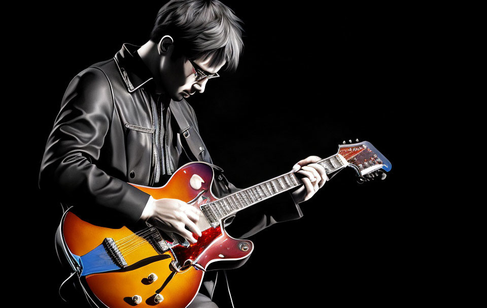 Musician playing electric guitar in black leather jacket and glasses