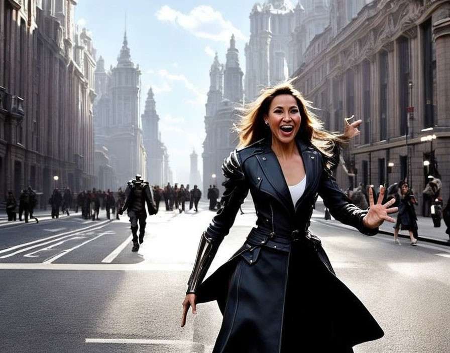 Smiling woman in black coat making peace sign on city street