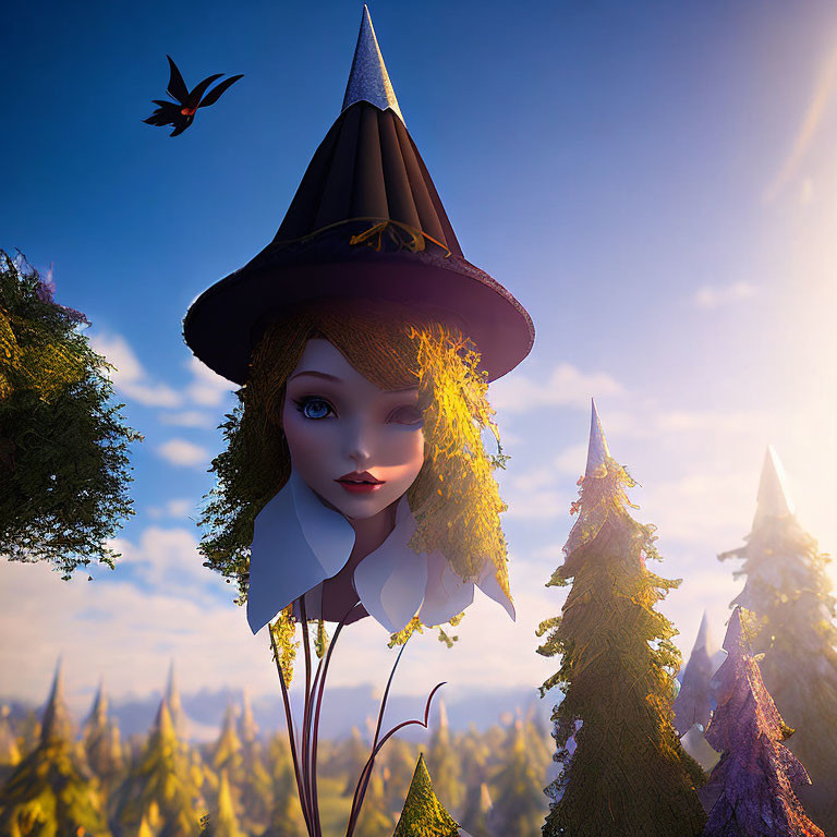 Stylized female character in witch's hat among vibrant forest trees