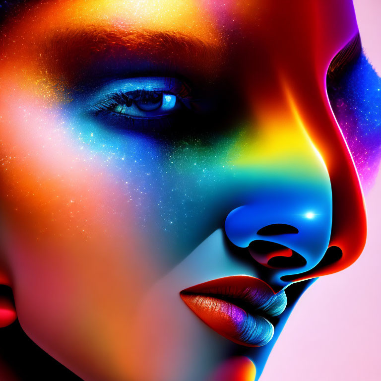 Vibrant neon colors on woman's face with cosmic starry effect