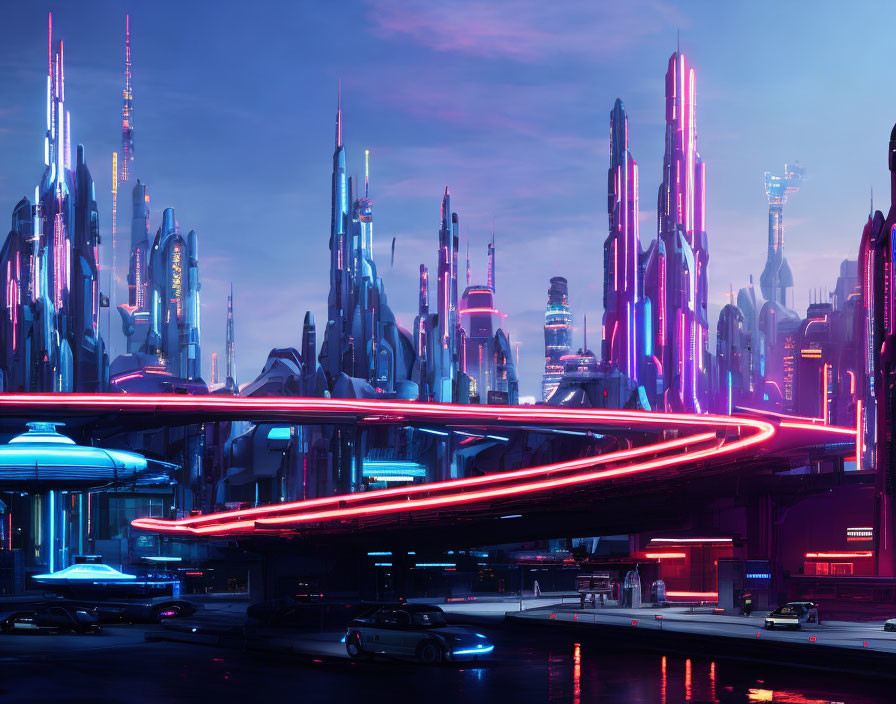 Futuristic cityscape at dusk with neon lights, skyscrapers, and elevated roadway