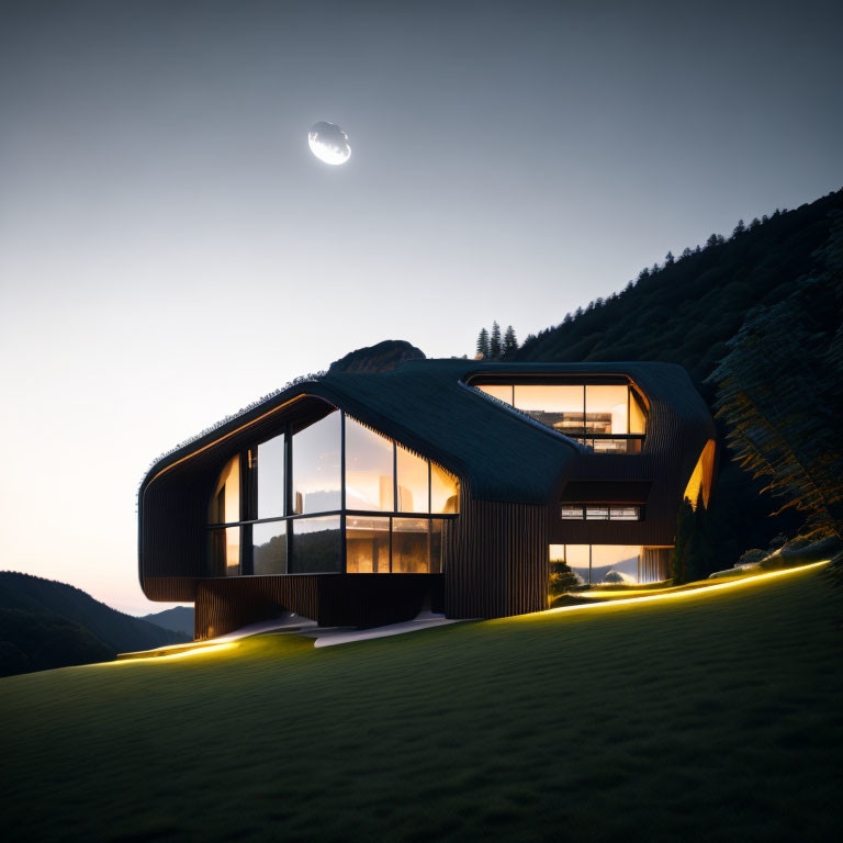 Modern House with Large Windows Illuminated at Twilight Over Hills and Moonlit Sky