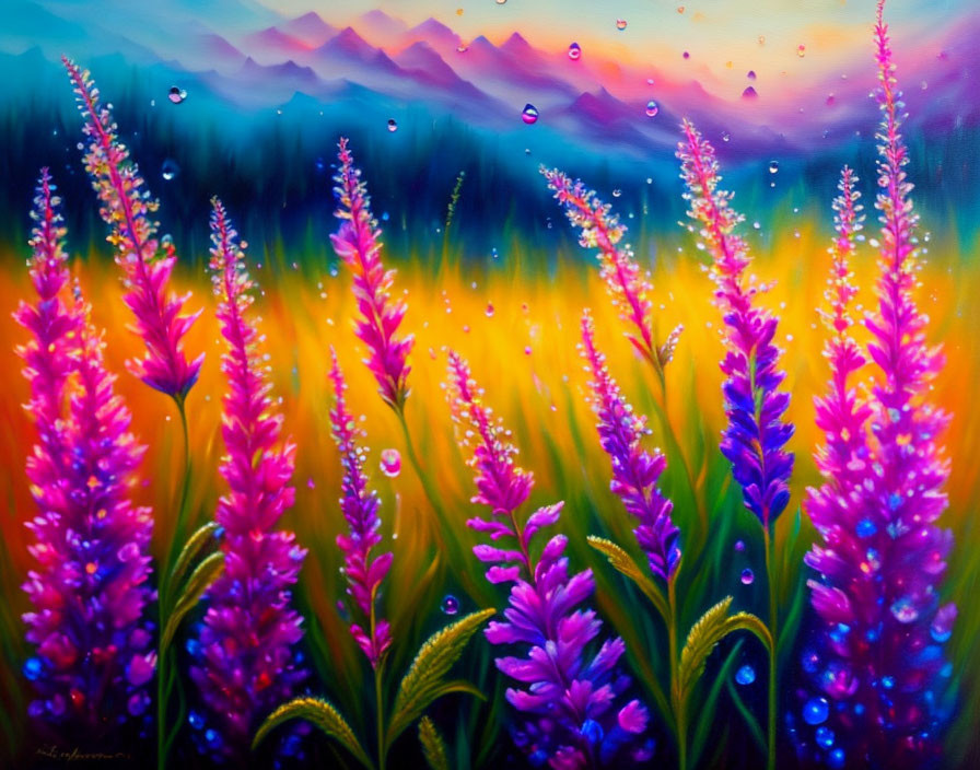 Colorful lupine field painting with sunset, mountains, and bubbles