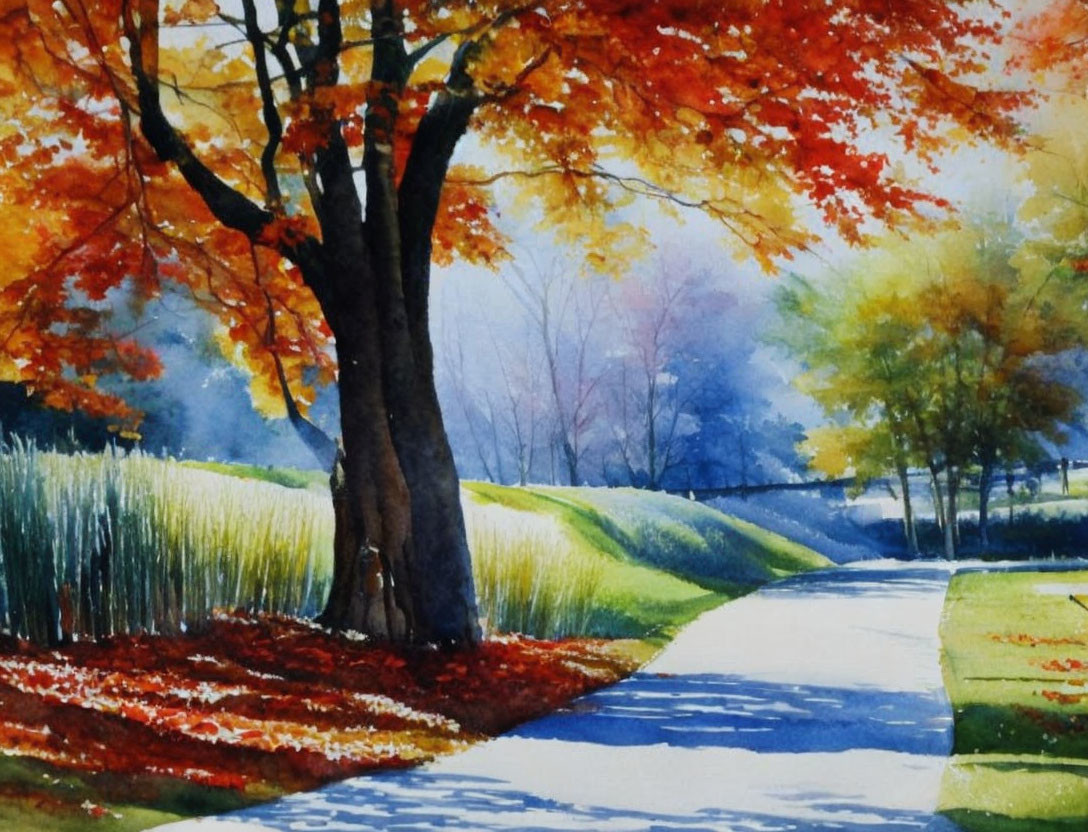 Scenic autumn park watercolor painting with pathway and colorful trees