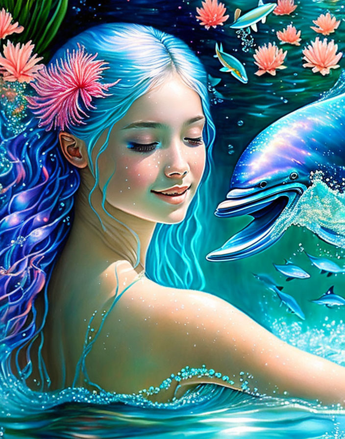 Fantasy underwater scene with woman, blue hair, dolphin, coral, fish & pink flowers.