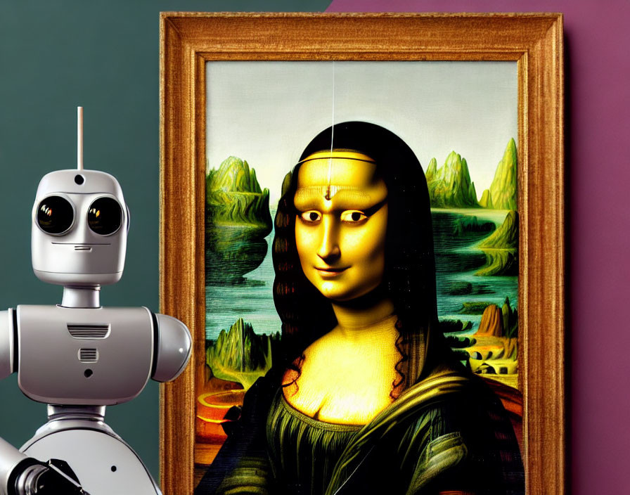 Robot observing Mona Lisa against teal background