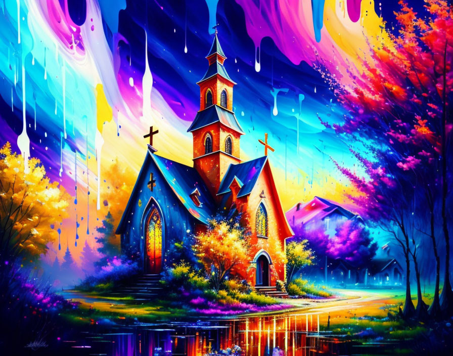 Colorful Church Illustration with Surreal Sky and Reflective Water