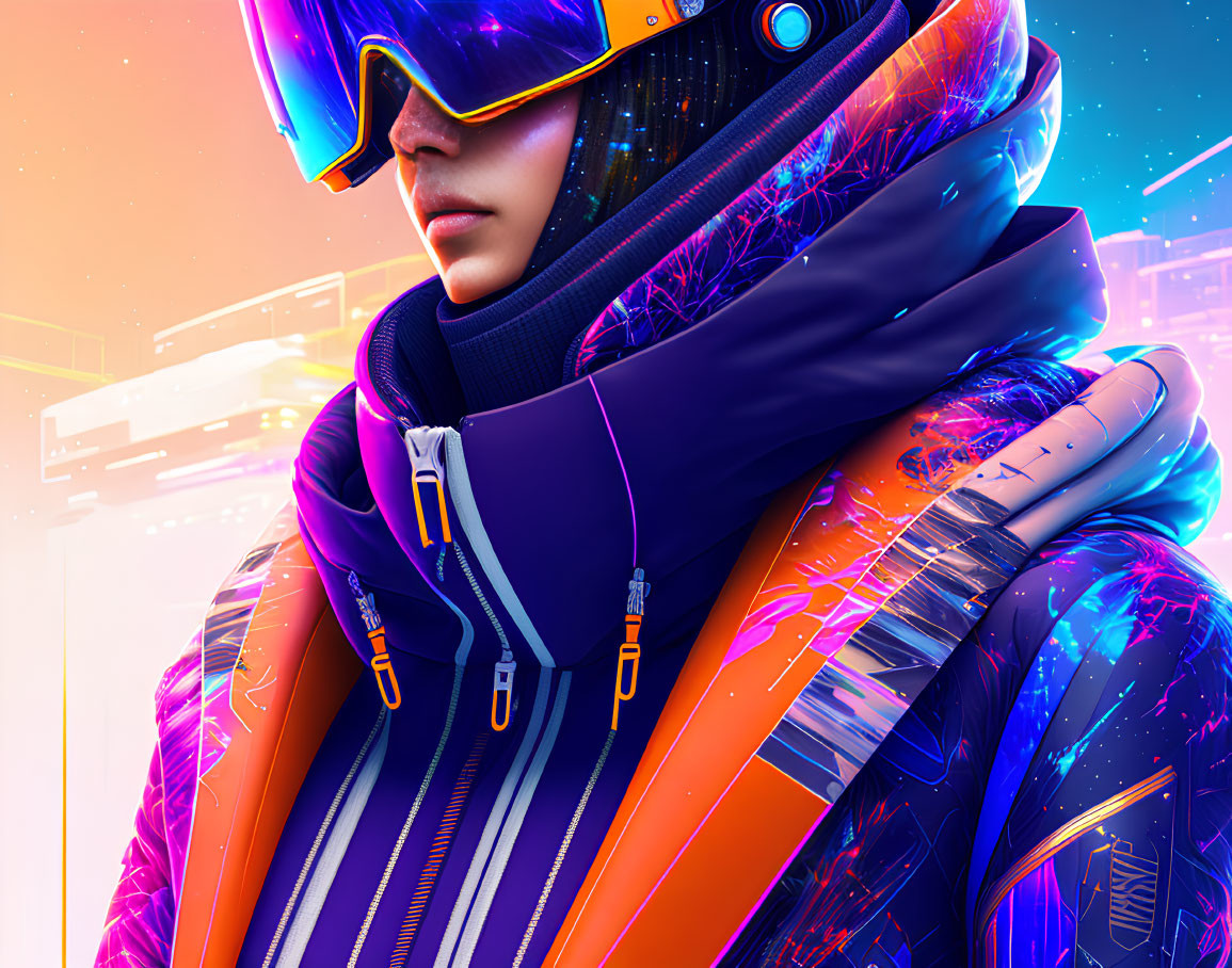 Person in Futuristic Ski Gear with Orange & Purple Jacket and High-Tech Helmet