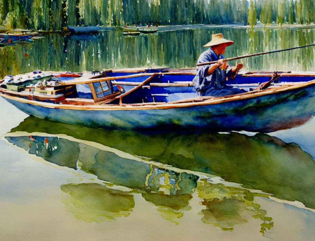 Person in straw hat fishing from blue rowboat on calm lake with clear reflections