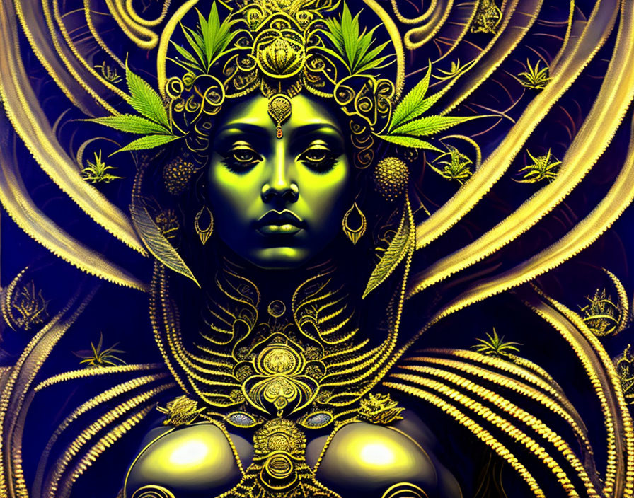 Detailed female figure with gold headdress in mystical artwork