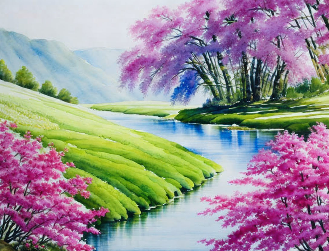 Tranquil Watercolor Landscape with River and Cherry Blossoms