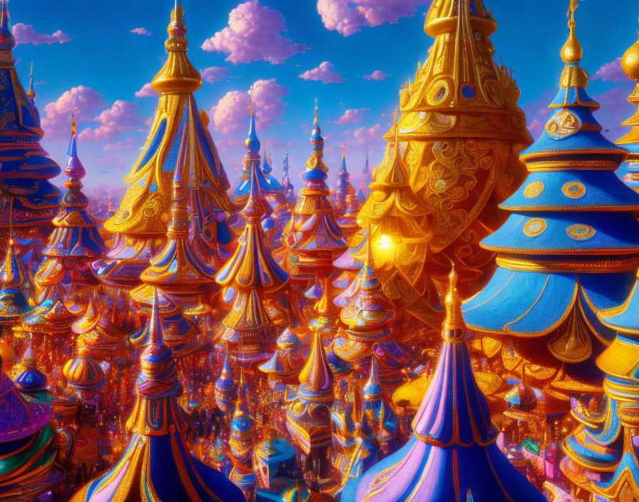 Fantastical cityscape with golden and blue spires under bright sky