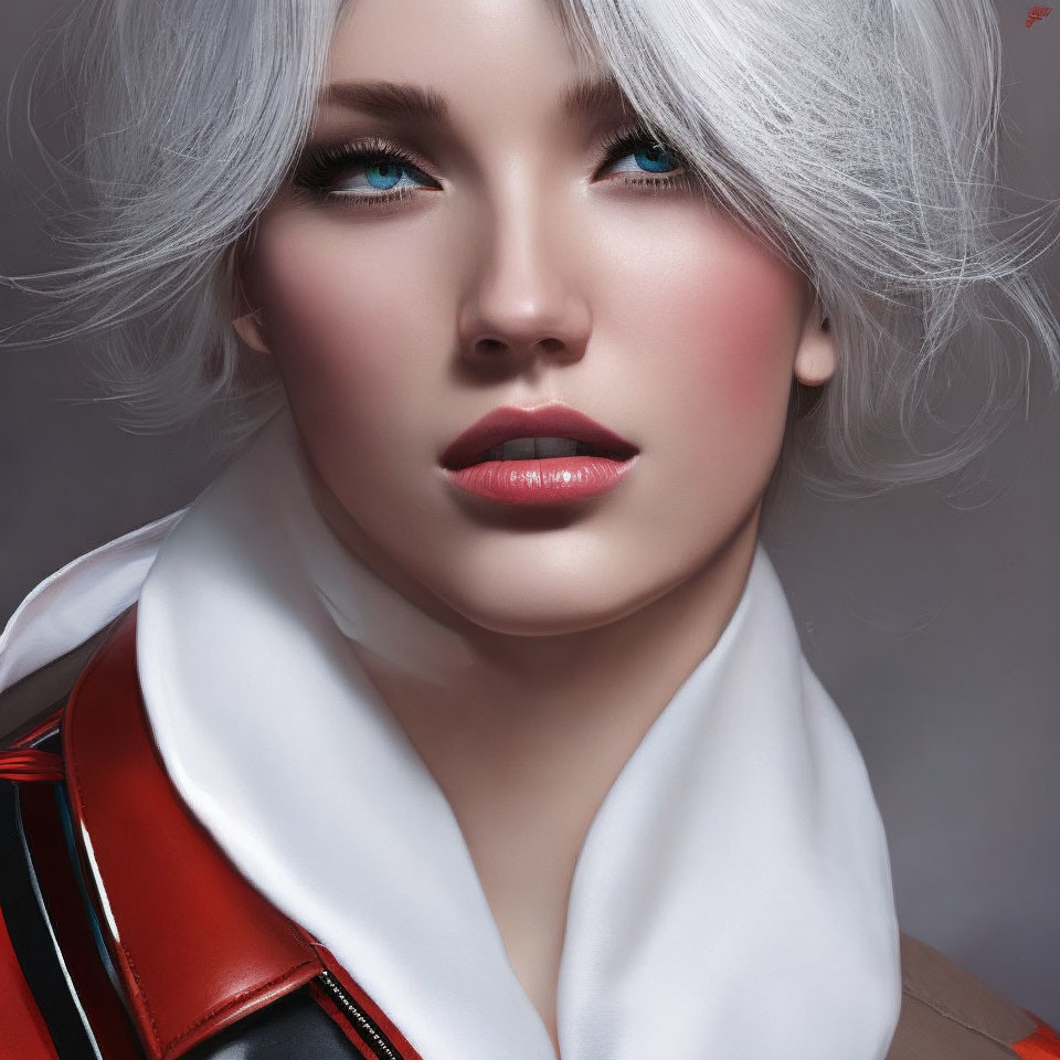 Silver-Haired Female Character in Red and White Outfit