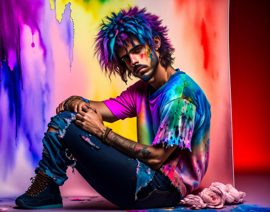 Colorful man with paint on face in tie-dye shirt against vibrant backdrop