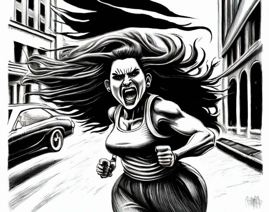 Monochrome illustration of intense woman running in city street