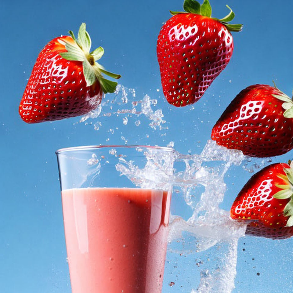 Fresh strawberries falling into glass of smoothie on blue background