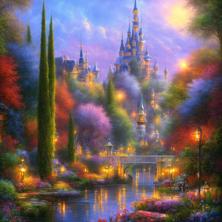 Fantasy Castle Surrounded by Colorful Gardens and River Bridge