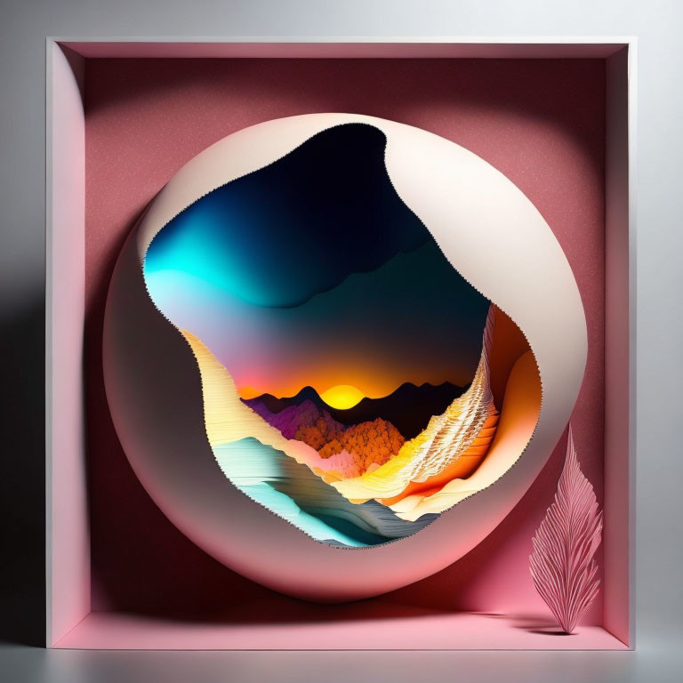 3D paper art landscape with layered mountains in egg-shaped frame