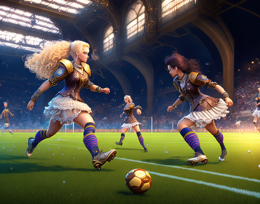 Animated female soccer players in ornate gear compete under stadium lights