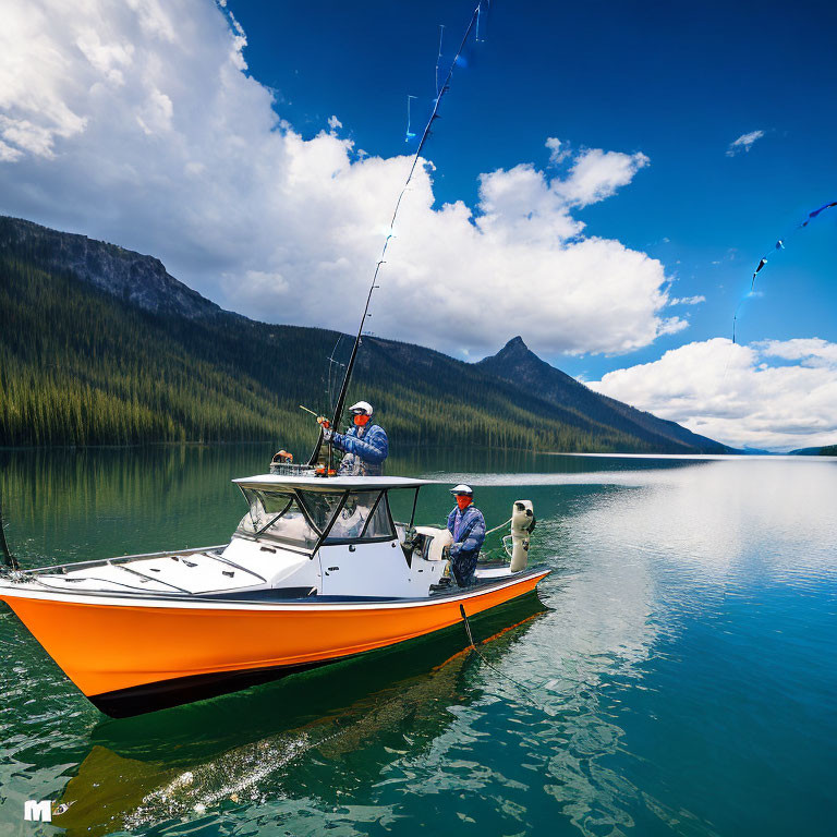 Two people fishing from orange and white boat on calm lake with forested mountains and partly cloudy sky