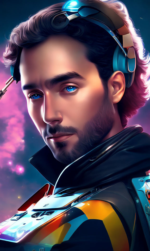 Man with Blue Eyes and Beard in Headset Against Colorful Nebula