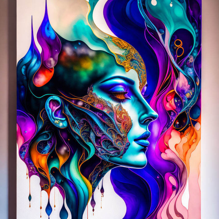 Abstract colorful woman's face artwork with intricate details