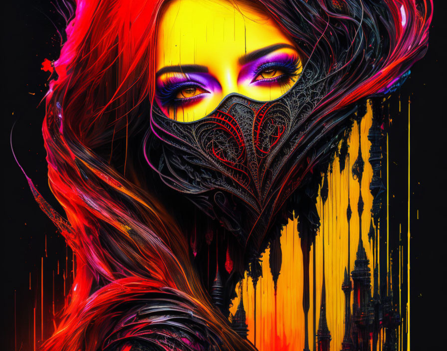 Colorful digital artwork of woman with red hair and decorative mask