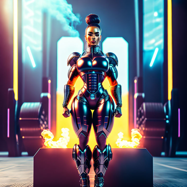 Futuristic female robot in intricate armor in neon-lit setting