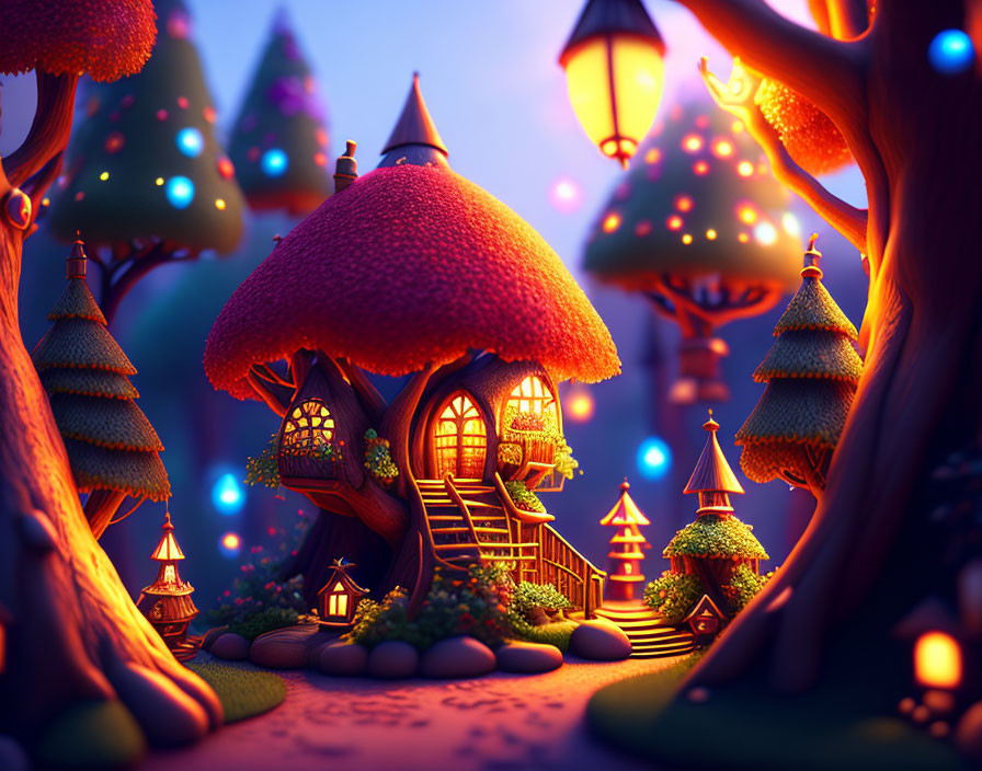 Enchanting nighttime scene: glowing mushroom houses and lantern-lit trees