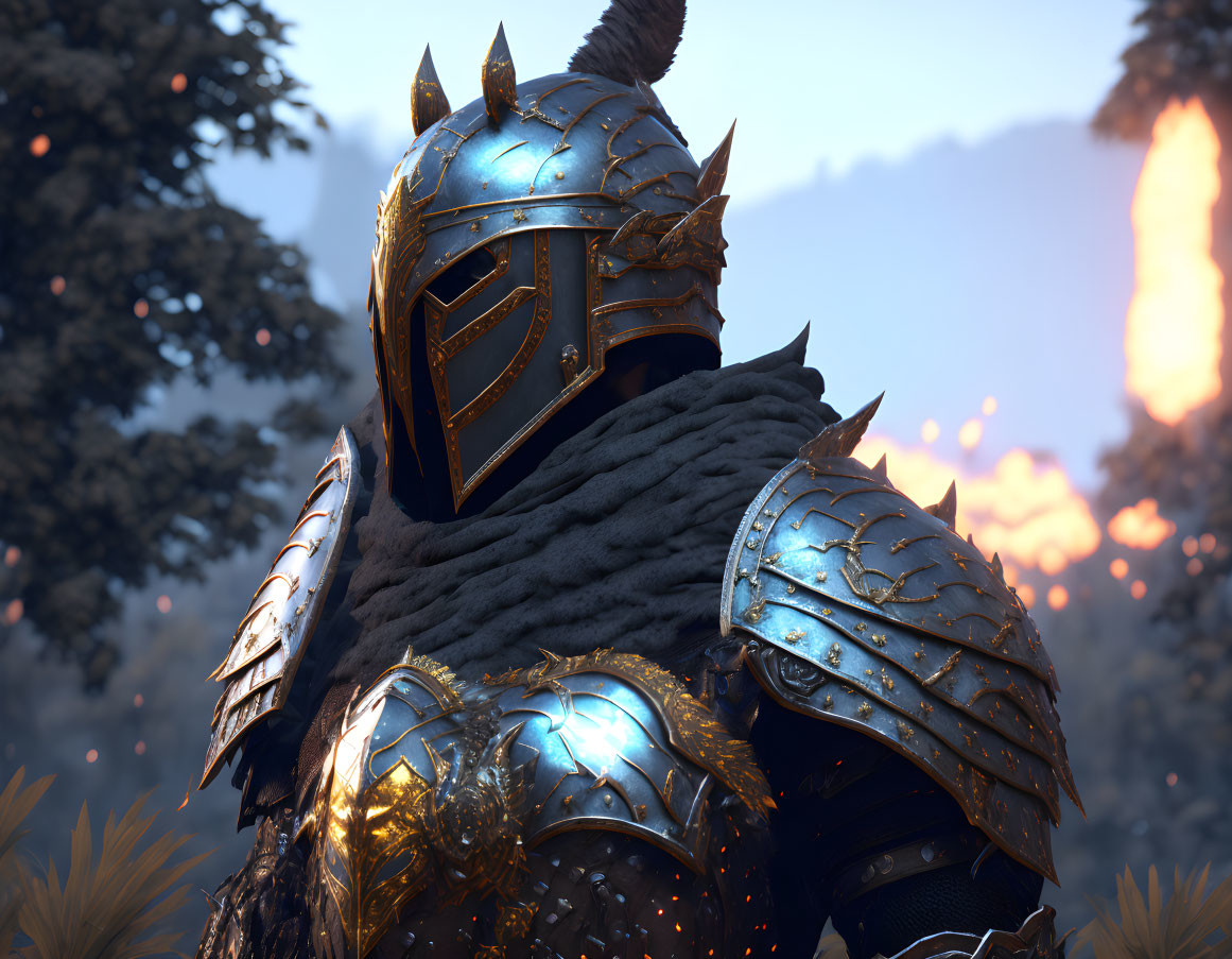 Knight in ornate armor observes fiery forest explosion