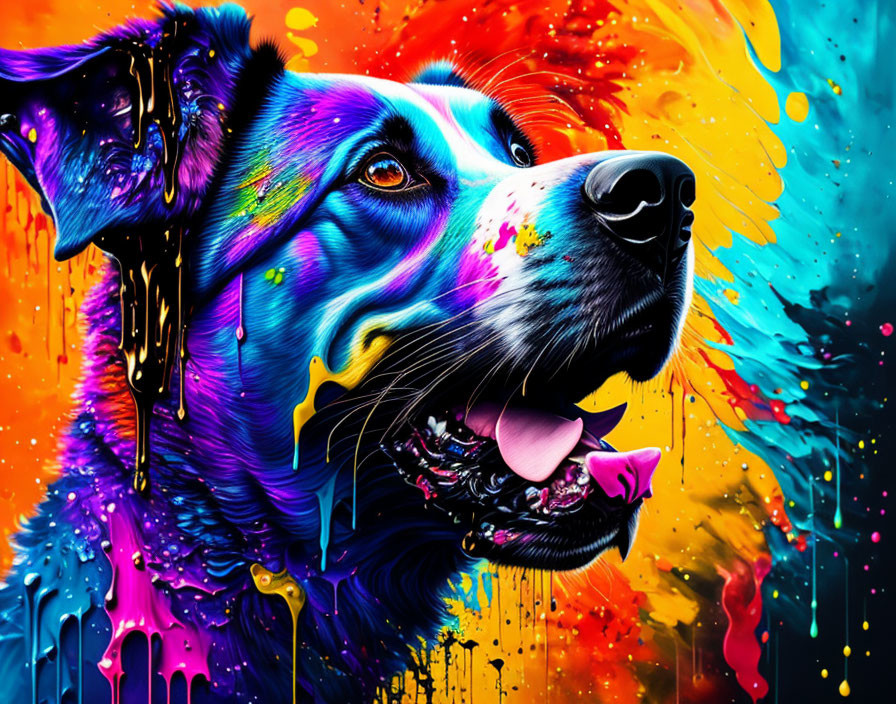 Colorful Abstract Dog Artwork with Dripping Paint Effects