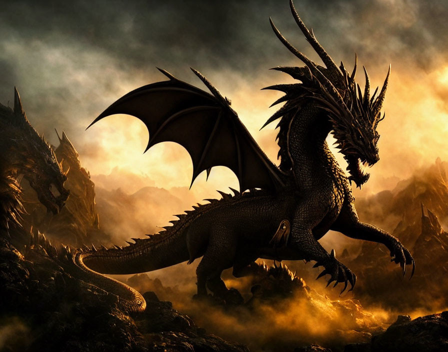 Black dragon with large wings in fiery landscape and jagged mountains