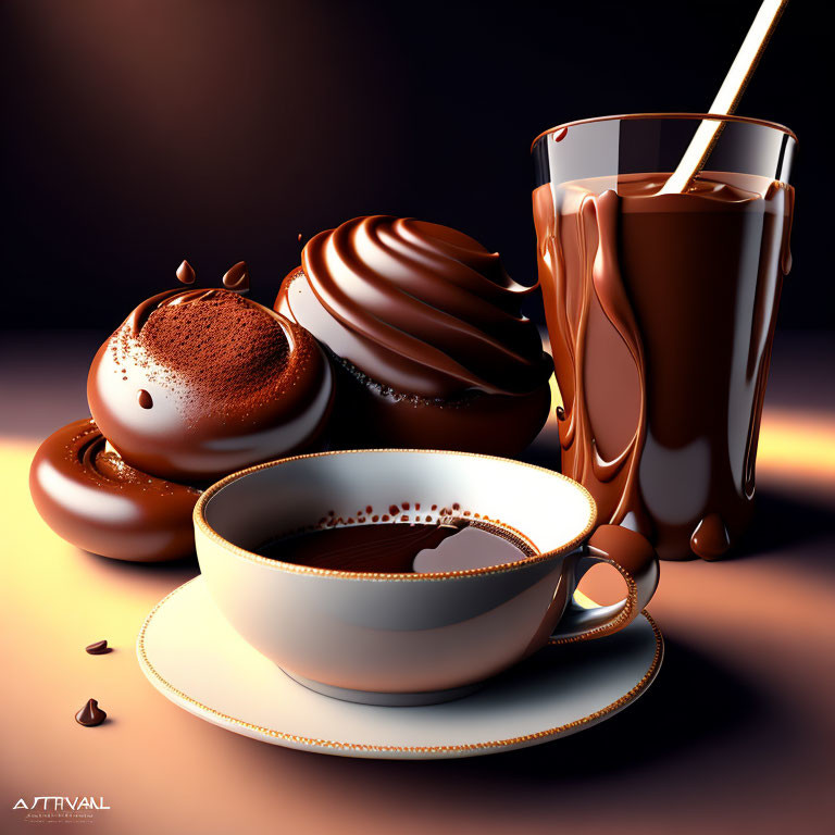 Digital art: Hot chocolate cup, chocolate marshmallow, milk glass, coffee beans