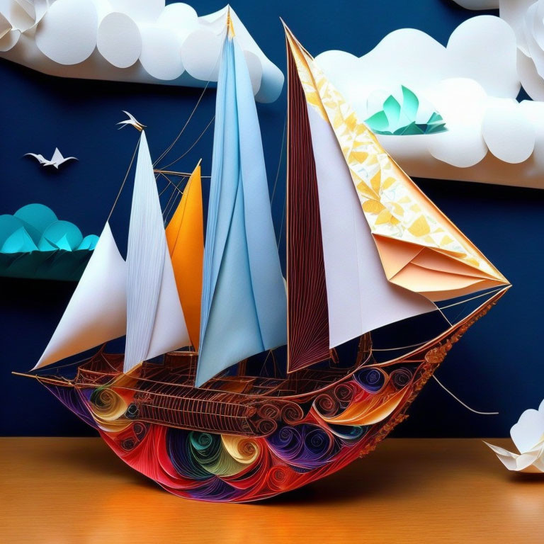 Colorful Quilling Paper Boat Art Against Blue Background