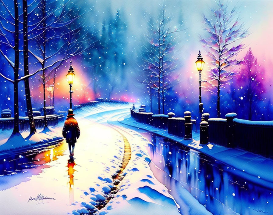 Snowy Path Painting with Lit Lamps and Falling Snowflakes