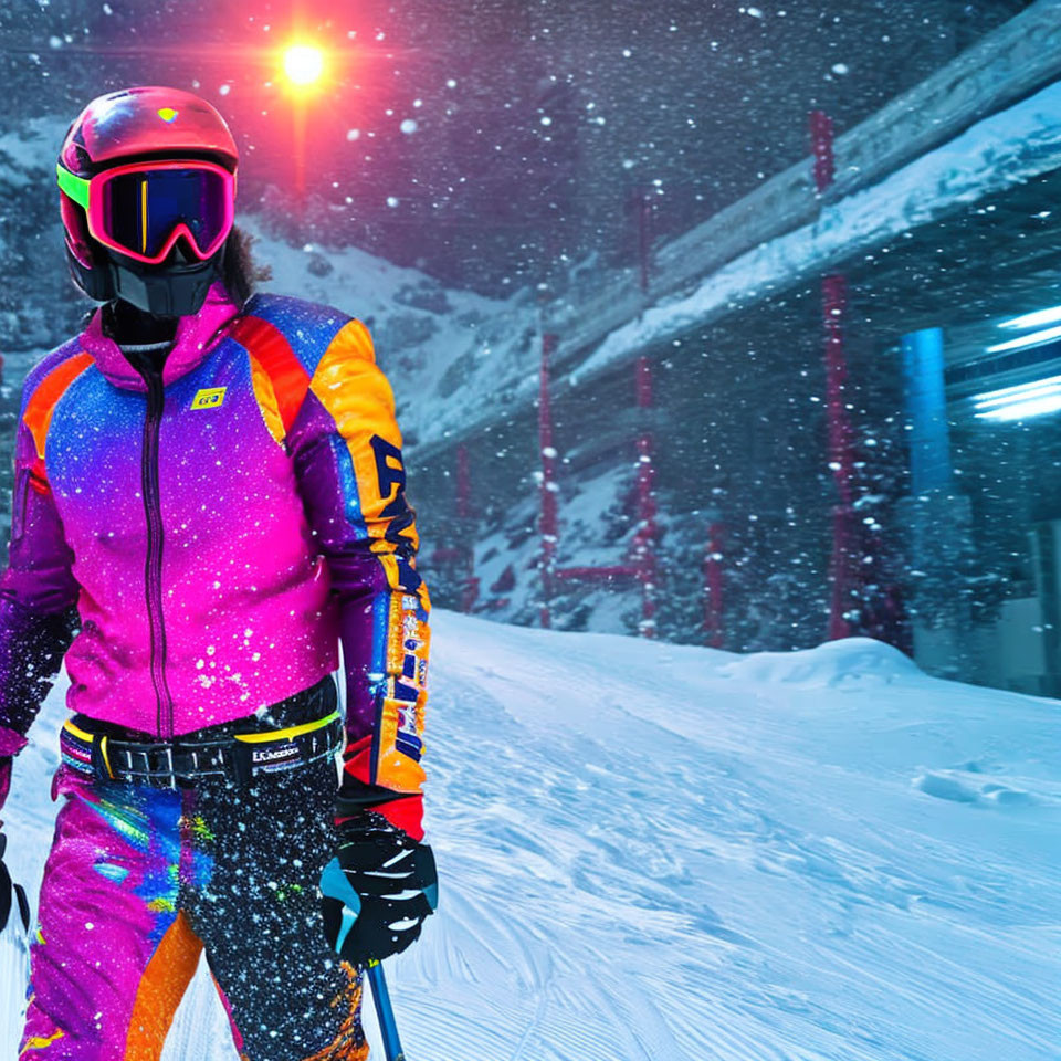 Skier in colorful gear under snowy night sky near mountain ski lift