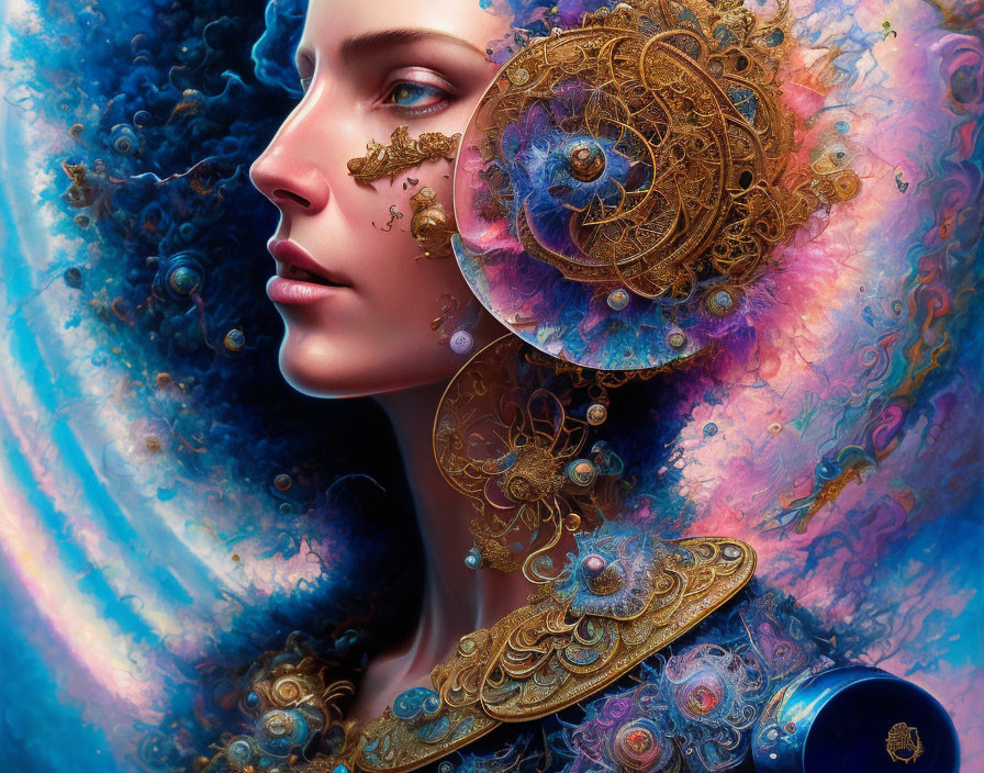 Celestial-themed digital artwork with golden gears and cosmic filigree