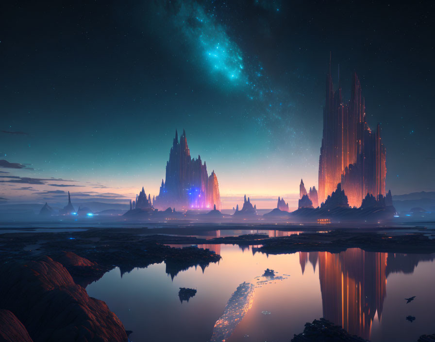 Futuristic cityscape with towering spires under starry sky and celestial nebula reflected in waterfront